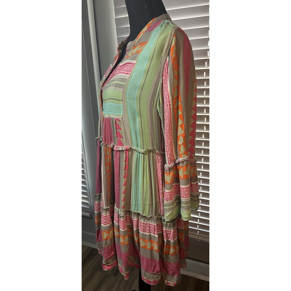 Elan Boho Tiered Babydoll Dress S Bell Sleeve Geo Print Multicolor Festival - Picture 9 of 15
